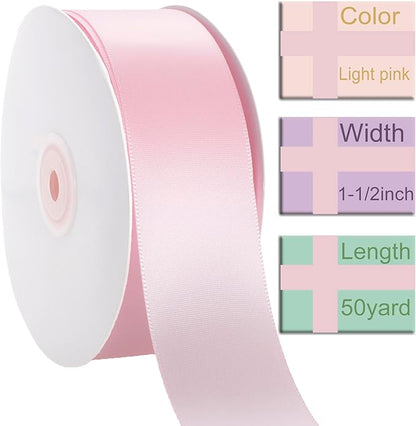 1-1/2 Inch Light Pink Ribbon, 50 Yards Craft Polyester Satin Ribbon Perfect for Gift Wrapping, Handmade Roses, Wedding Party Decorations and DIY Crafts