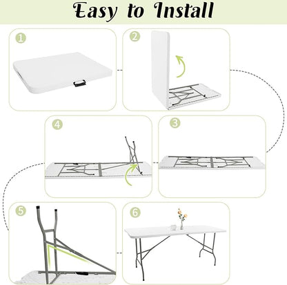 8 FT Folding Tables White Foldable Table, Fold-in-Half with Carrying Handle Portable Plastic Rectangular Table for Party, Dining, Wedding, Camping, Picnic, Indoor Outdoor Events