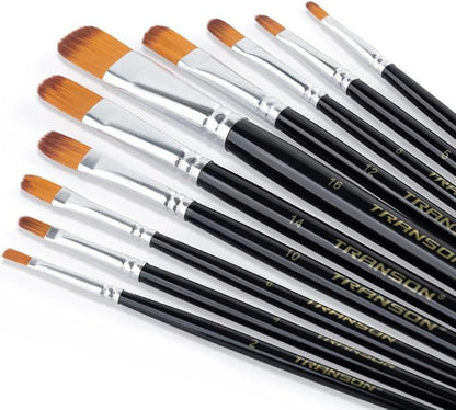 Transon Synthetic Filbert Paint Brush Set 10pcs for Acrylic Watercolor Gouache Art Painting and Body Craft Painting