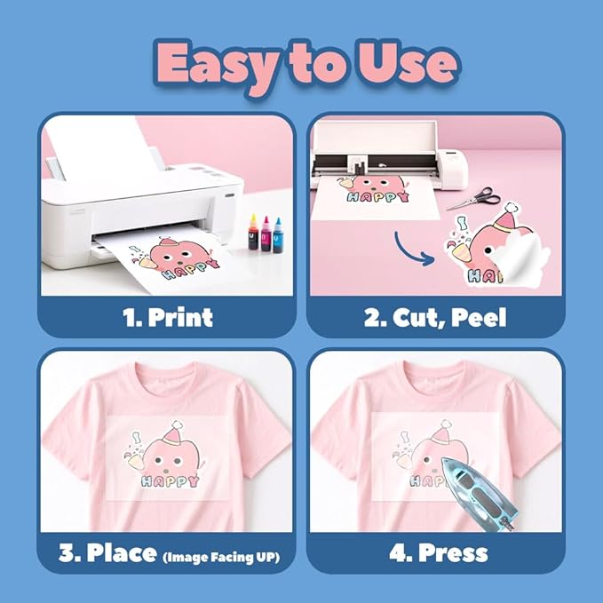 TranSmile PU-Heat Transfer Paper for T Shirts (30 Sheets, 8.5x11'', Light), Iron on Transfers for Light Fabric, Printable Heat Transfer Vinyl for Inkjet Printer
