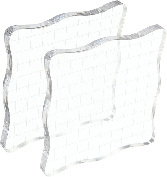 PATIKIL 4" x 4" Acrylic Stamp Block, 2 Pack Clear Stamping Block with Grid Lines Decorative Mounting Blocks Wave for Scrapbooking DIY Crafts Card Making