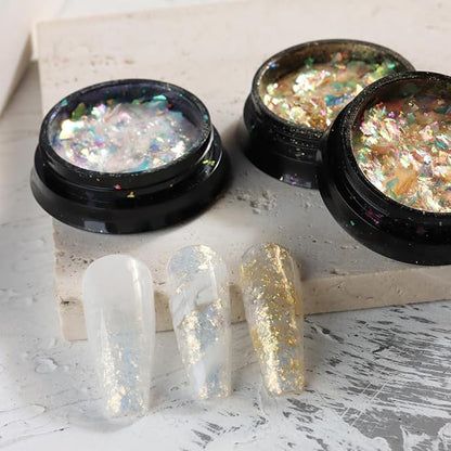 Holographic Mermaid Nail Art Glitter Iridescent Flakes, 8 Colors Aurora Irregular Ice Slag Opal Nail Foil Flakes Ultra-Thin Paillettes Glitter Sequins for Gel Polish Nail Art Decoration, Resin Craft