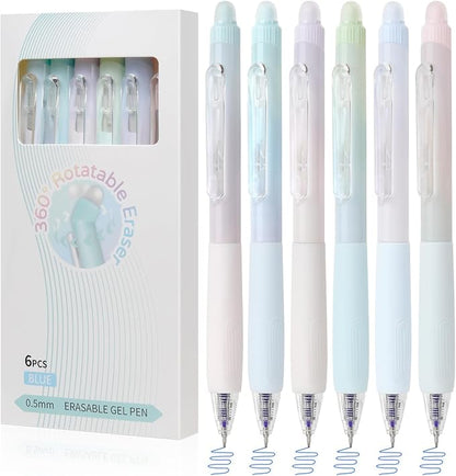 Solati Erasable Pens, 6 Pack Fine Point 0.5mm Black Erasable Gel Pens with 360°Rotating Erasers, Make Mistakes Disappear, Comfort Grip for Drawing, Writing, Planning, and Crossword Puzzles (Blue Ink)