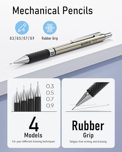 Nicpro 37PCS Art Mechanical Pencil Set, 4PCS Metal Drafting Pencil 0.3mm, 0.5 mm, 0.7 mm, 0.9 mm & 2PCS 2mm Lead Holder (6B 4B 2B HB 2H 4H Colors) For Sketching Drawing With 23 Tube Lead Refills Case