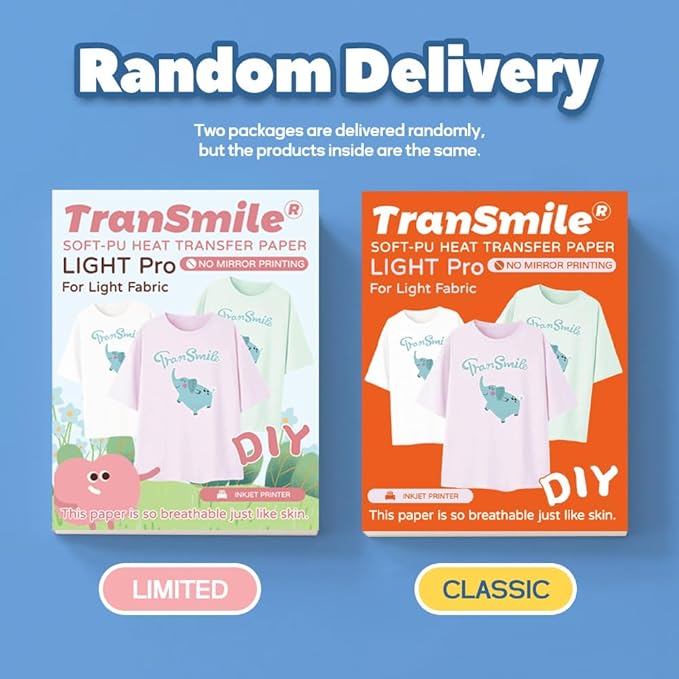 TranSmile PU-Heat Transfer Paper for T Shirts (50 Sheets, 8.5x11'', Light), Iron on Transfers for Light Fabric, Printable Heat Transfer Vinyl for Inkjet Printer