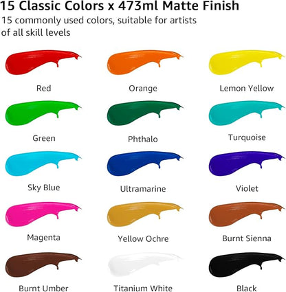 ABEIER Large Bulk Acrylic Paint Set, 15 Colors (473 ml/16 fl oz), Matte Finish, Rich Pigments, Non-Toxic Paints for Painting on Canvas Crafts Wood Ceramic, Ideal for Beginners and Students