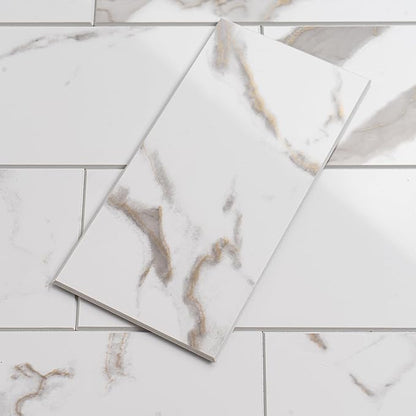 100 Pieces Peel and Stick Backsplash for Kitchen, 3" x 6" PVC Subway Tile 2026 Upgraded White Marble with Gold Accent Backsplash Stick on Tile Elevate Kitchen Fireplace RV
