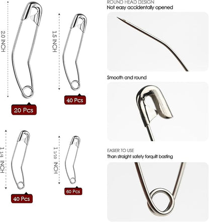 160 Pack Curved Safety Pins for Quilting Basting Pins 28mm 32mm 38mm 54mm Assorted Sizes Quilting Safety Pins Stainless Steel Quilting Pins