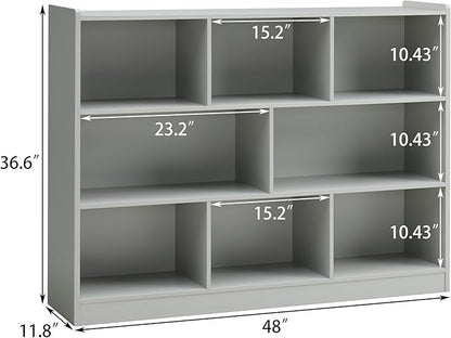 3-Tier Bookshelf, 8-Section Wooden Bookcase, Storage Organizer with Anti-Tilt Device, Modern Storage Display Cabinet for Living Room, Classroom, Kid’s Room (Grey)