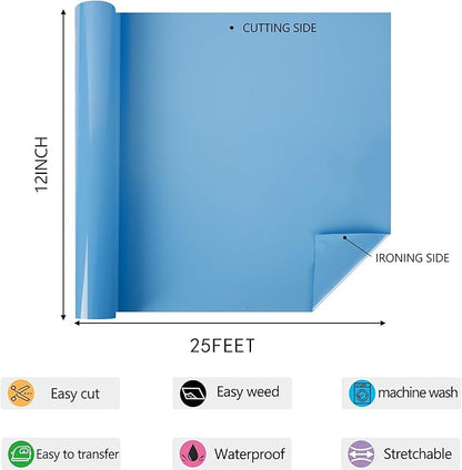 HTV Iron on Vinyl 12Inch by 25ft Roll Heat Transfer Vinyl for T-Shirt HTV Vinyl Rolls for All Cutter Machine - Easy to Cut & Weed for Heat Transfer Design (25ft, Sky Blue)