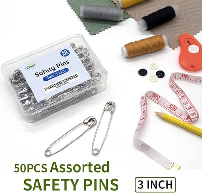 3 Inches Large Safety Pins, Pack of 50, Big Heavy Duty Safety Pins for Brooch Making, Blankets, Crafts, Cloth Curtain (SP)