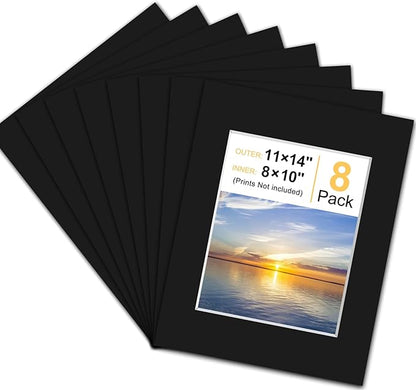 Phinus 8 Pack Picture Mats for Frames, Acid Free 11x14 Matted to 8x10, Picture Frame Mats for Pictures, Watercolor, Artwork and Prints (Black)