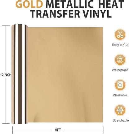 HTVRONT Metallic Gold HTV Vinyl Roll - 12" x 8ft Gold Heat Transfer Vinyl for T Shirts, Gold Iron on Vinyl for All Cutting Machine - Easy to Use for Heat Transfer Project (Metallic Gold)