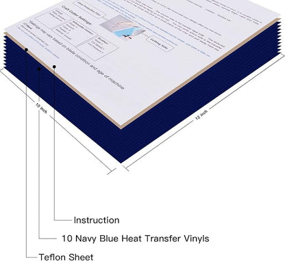 JANDJPACKAGING Blue HTV Vinyl for T-Shirts 12"x10" Heat Transfer Vinyl 10 Pack Iron on Vinyl (Navy Blue)