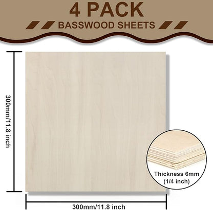 Basswood Sheets 4 Pack 12×12 x 1/4 Inch Unfinished Plywood Sheets Thin Craft Wood Board Laser Engraving Blanks Balsa Wood Sheet for Laser Cutting and Engraving, Wood Burning, Architectural Models