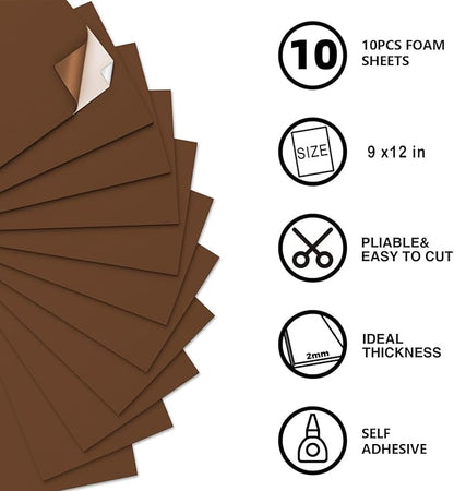 MEARCOOH Self Adhesive Foam Sheets, Brown 9x12 Inch 2mm Sticky Eva Foam Paper for Crafts Cardmaking Photo Frames Classroom Scrapbooking Christmas Crafts (Brown 10 Sheets)