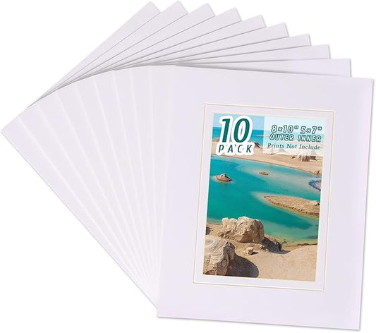 HOTUO 10 Pack Acid Free White Picture Frame Mats, Pre-Cut 8x10 Picture Mats with Ivory Core Bevel Cut for 5x7 Photo, Signature Friendly 4 Ply Thickness Photo Mat for Frames (White with V-Groove)