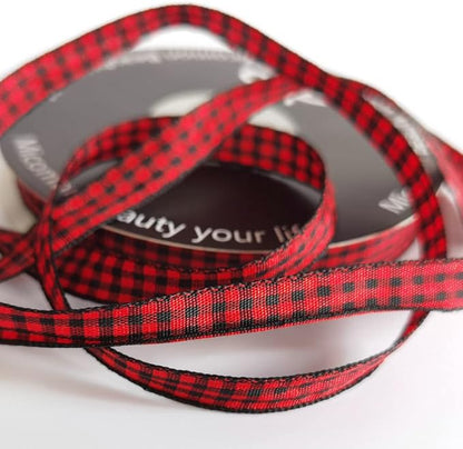 Red and Black Gingham Plaid Checked Ribbon 25 Yards Each Roll 100% Polyester (3/8",BlackRed)