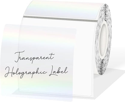 3 Inch Square Transparent Thermal Label Stickers, Holographic Clear Self-Adhesive Direct Thermal Labels, Perforation Line Design& Waterproof- 200 Sheets