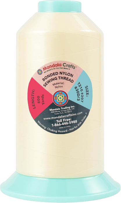 Mandala Crafts Size 207 630D T210 Bonded Nylon Thread Ivory Heavy Duty Sewing Threads - 800 YDs Tex 210 Thread for Leather, Jeans, Weaving, Outdoor Marine Upholstery Threads
