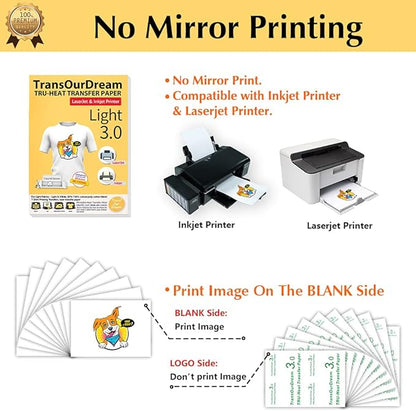 TransOurDream Tru-Heat Transfer Paper for Inkjet & Laserjet Printer (20 Sheets 8.5x11, 3.0) Printable HTV Heat Transfer Vinyl for T Shirts Iron on Transfers for Light Fabrics (TRANS-L3-1-20)