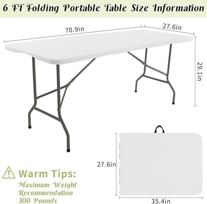 2 Pack 6 FT Folding Tables White Foldable Table, Fold-in-Half with Carrying Handle Portable Plastic Rectangular Table for Party, Dining, Wedding, Camping, Picnic, Indoor Outdoor Events
