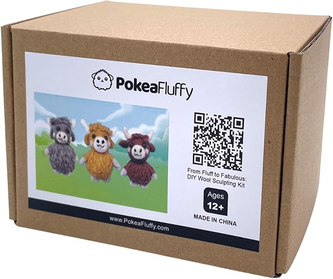 Needle Felting Kit, 3 Pcs Highland Cow Wool Needle Felting Kit for Beginners & Adult, Animal Doll Making Set with Video Instruction, Craft Party Supplies, Tools & Foam Pad, DIY Birthday Gift