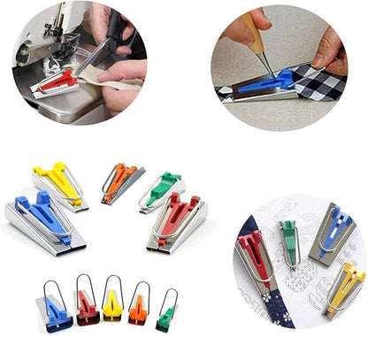 YICBOR Bias Tape Maker Kits All 5 Sizes 6MM 9MM 12MM 18MM 25MM Binding Foot Craft Clips Awl Quilter's Pin Comes with 10pcs Multi-Sizes Folding Fabric and Biasing Strips Roll Tool Set (Green)