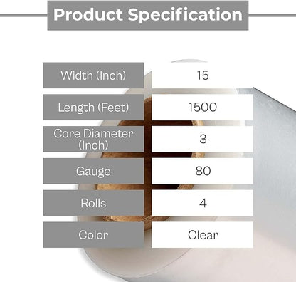 PSBM Stretch Wrap, 4 Pack, 15 Inch x 1500 Feet, 80 Gauge, Clear Plastic Cling, Cast Hand Stretch Film Rolls for Packaging Moving Packing Pallets
