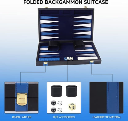 GSE Games & Sports Expert Premium Leather Backgammon Board Game Set, Classic Backgammon Game Set with Leather Case, Travel Folding Board Game (Black&Blue, Small)