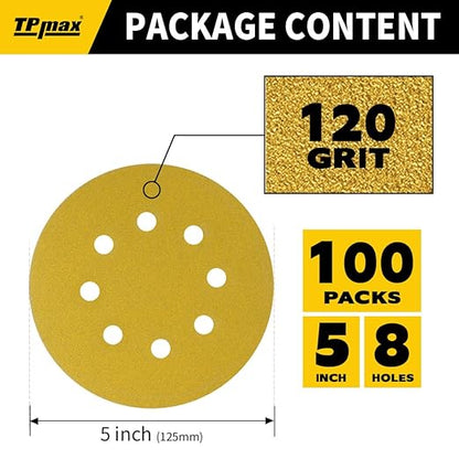 100PCS 5 Inch 120 Grit 125mm 8 Hole Sanding Discs Sandpaper - Premium Gold Round Hook and Loop for Random Orbital Sander - Ideal for Wood, Metal, Automotive