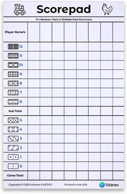 Mexican Train and Chicken Foot Dominoes Score Pad - 100 Scoring Sheets per Scorepad, 8.5 x 5.5 Inches - Score Sheets for Double 12 Domino Sets, White, VO-320