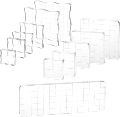 12Pcs Acrylic Stamp Block Clear Stamping Blocks Tools Set Assorted Sizes Stamp Blocks with Grid Lines for Scrapbooking Crafts Card Making