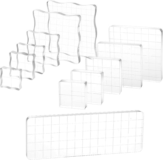 12Pcs Acrylic Stamp Block Clear Stamping Blocks Tools Set Assorted Sizes Stamp Blocks with Grid Lines for Scrapbooking Crafts Card Making