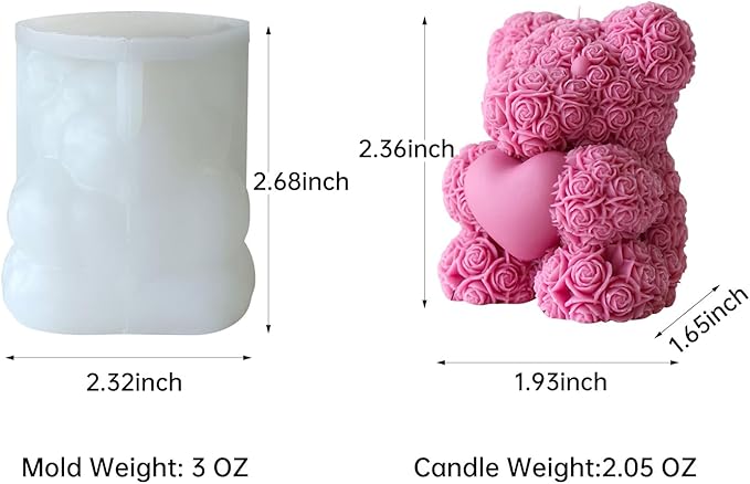 Rose Bear Candle Mold,Teddy Bear Silicone Molds for Candle Making,Epoxy Resin Bears Molds for DIY Handmade Soaps, DIY Candle, Mother's Day Gifts, Birthday Gifts, Home Decor Crafts (Mini)