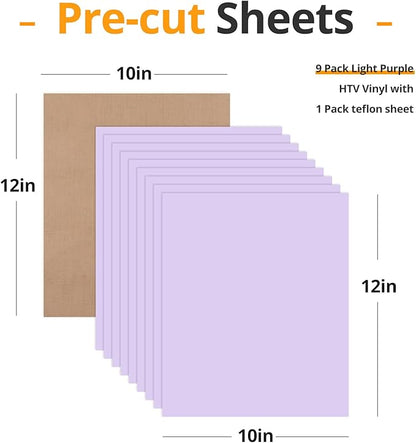 HTVRONT Light Purple Heat Transfer Vinyl Bundle - 10 Pack 12" x 10" HTV Vinyl for T-Shirt, Light Purple Iron on Vinyl for All Cutting Machine or Heat Press Machine