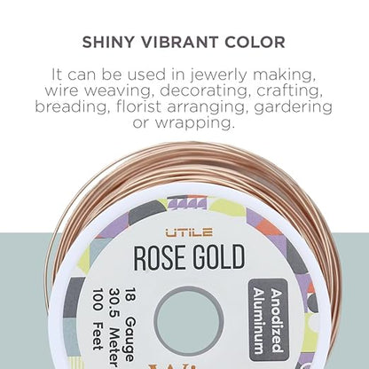 UTILE Armature Aluminum Wire 100 ft 18 Gauge 1.2 mm Anodized Craft Bendable Wire – Sculpting Metal Rose Gold for Bonsai Trees, Clay, Crafts, Plants, Gardening and Jewelry Making (Rose Gold)