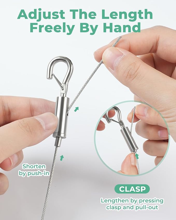2PCS Picture Hanging Wire Adjustable 1m x 1mm Small Hooks, Picture Frame Wire Kit Heavy Duty 50lbs, Stainless Steel for Art, Mirror, Light Lamp, Billboards, Basket Flowerpot