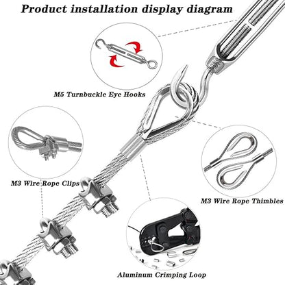 1/8 Inch Stainless Steel Wire Rope Kit, 7x7 Strands, 100 ft Length, With Cable Cutters, Sleeves, Thimbles, Clips, For Climbing Plants, Deck Railing, Fencing, Outdoor Hanging
