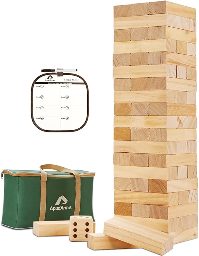 ApudArmis Giant Tumble Tower Stack to Over 5.2Ft, 60 PCS Pine Wooden Stacking Timber Tower,Classic Block Giant Outdoor Indoor Game for Adults, Fun Game at Backyard, Lawn, Party with Family & Friends