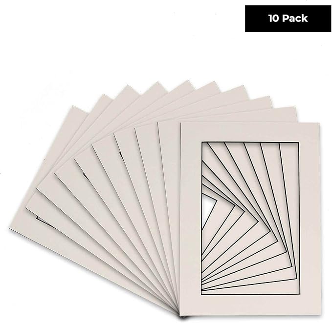 Pack of TEN 8x10 Mats Bevel Cut for 5x8 Photos - Acid Free White with Black Core Precut Matboards For Pictures, Photos, Framing - 4-ply Thickness