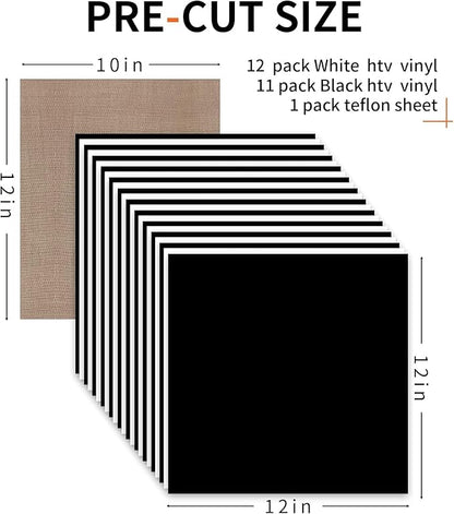 HTVRONT HTV Heat Transfer Vinyl Bundle: 12 White HTV Vinyl and 11 Black Heat Transfer Vinyl Sheets, 12"x12" PU Iron on Vinyl Plus 1 PTFE Sheet Easy to Cut & Weed for Heat Design