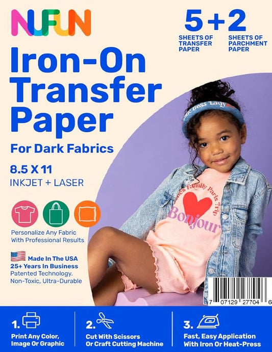 NuFun Activities Printable Iron-on Heat Transfer Paper for T Shirts, Dark Fabrics, 5 Sheets 8.5 x 11 inch, Long Lasting, Durable, Professional Quality, Easy DIY, Non-Toxic, Made In the USA