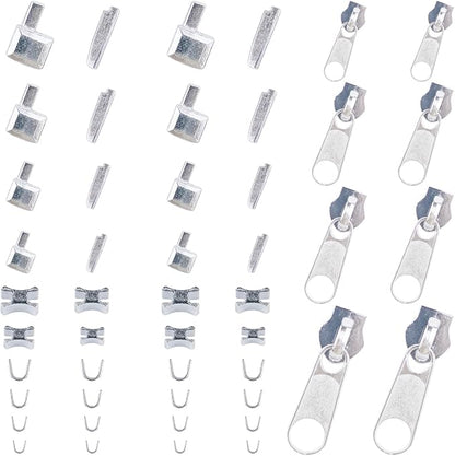 48 Pieces Metal Zipper Repair Accessories Set, Zipper Head Slider Retainer Box Insert Pin Top Bottom Stoppers for DIY Sewing Replacement Zipper Repair Kit 3# 5# 8# 10# (Platinum)
