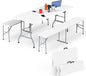 HLPB Folding Table Picnic Table Set, 6 ft Camping Table with 2 Benches, Outdoor Indoor Portable Folding Furniture for Working Meeting Party, Camping, Picnic, Weddings w/Handle and Safety Locks, White