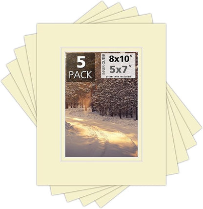 Mat Board Center, Double Mat - Acid Free, 8-ply Thickness, White Core - for Pictures, Photos, Framing (Ivory Over Ivory, 8x10 for 5x7, Pack of 5)
