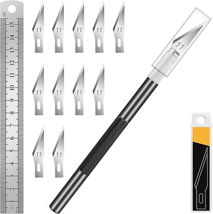 DIYSELF 1 Pcs Exacto Knife with 11 Pcs SK5 High Carbon Steel Exacto Blades Kit, Precision Craft Hobby Knife, 1pcs Steel 15cm Ruler for Art, Scrapbooking, Stencil (Black)