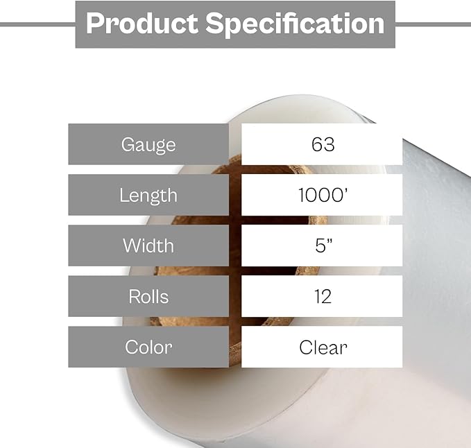 PSBM Mini Stretch Wrap with Handle, 12 Pack, 5 Inch x 1000 Feet, 63 Gauge, Clear High Performance Small Plastic Cling Film for Pallets Moving Storing