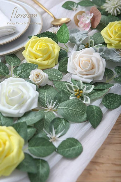 Floroom Artificial Flowers 25pcs Real Looking Cream Foam Fake Roses with Stems for DIY Wedding Bouquets Bridal Shower Centerpieces Floral Arrangements Party Tables Home Decorations