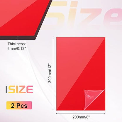 uxcell 2Pcs Acrylic Sheets 12x8 Inch Acrylic Panel 1/8 Inch-3mm Plastic Board for Picture Frames Sign Holders DIY Display Projects Craft, Clear Red